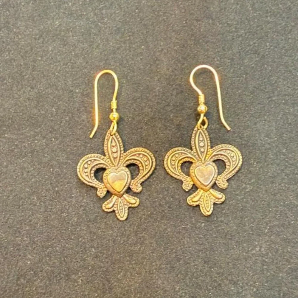 Fleur de Lis Dangle Drop Earrings with Heart Center